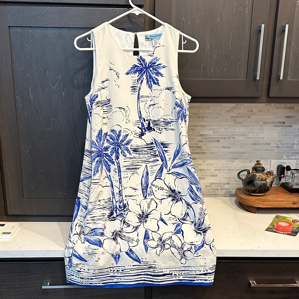 Tommy Bahama Cream and Blue Floral Dress Silk Dress